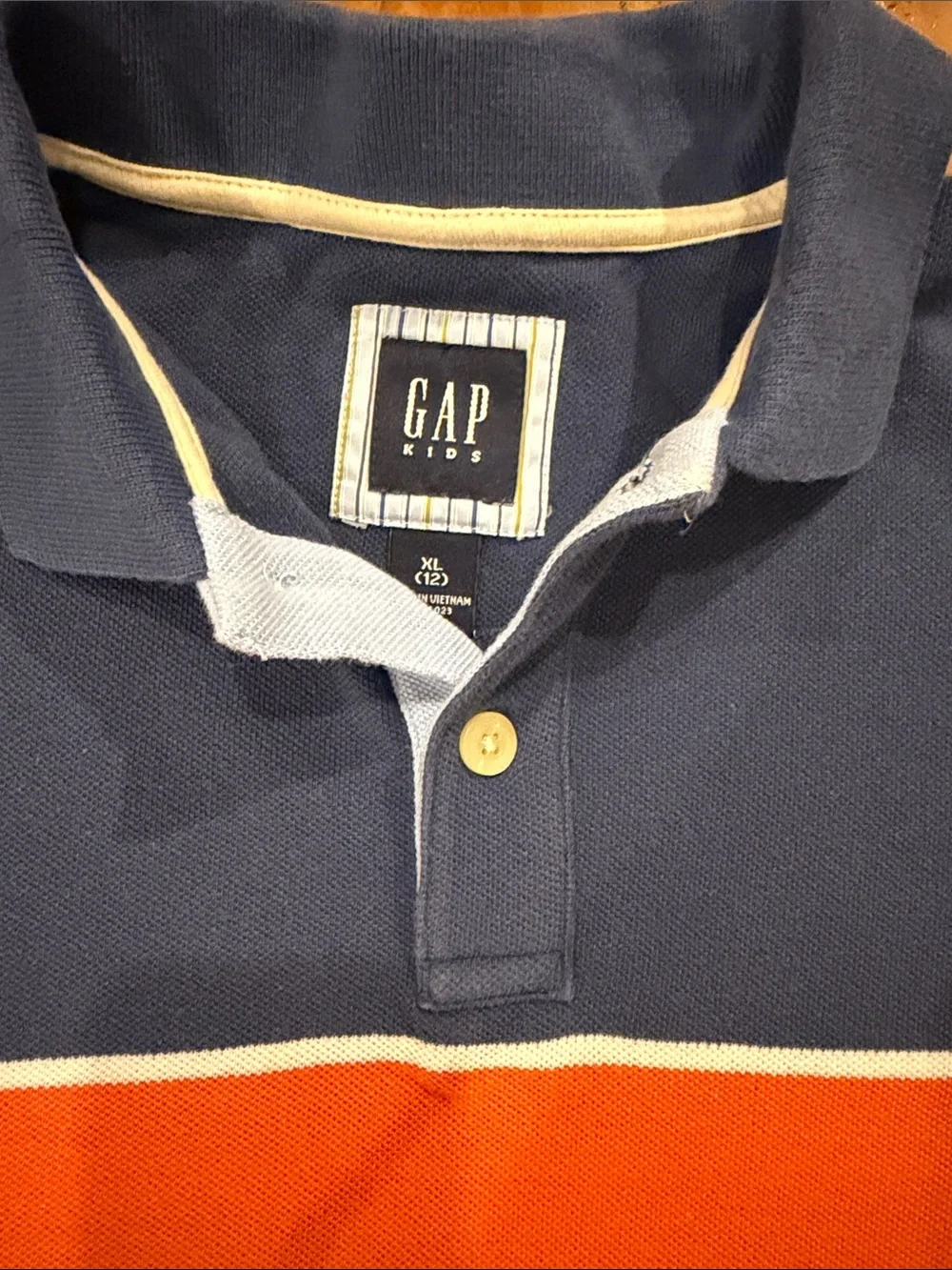 GAP KIDS BOYS BLUE, ORANGE AND WHITE STRIPED 2 BUTTON POLO SHIRT SIZE 12